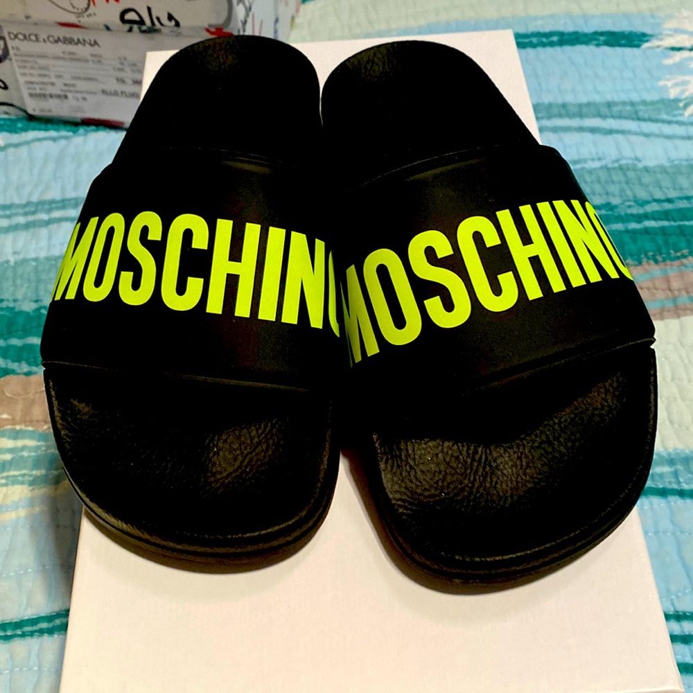 Moschino black neon yellow slides NEW 36